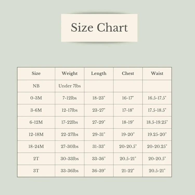 Size chart for Viverano Organic 