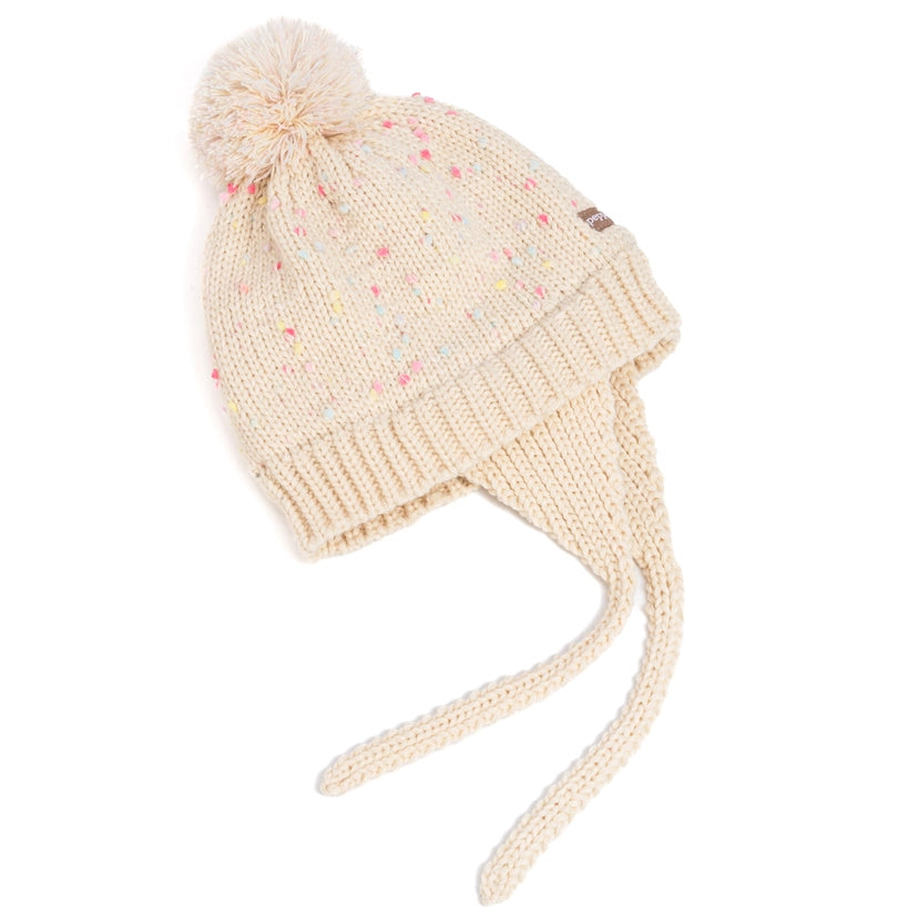 White Confetti Cutie Hat with colorful confetti knit, pompom, and tassel